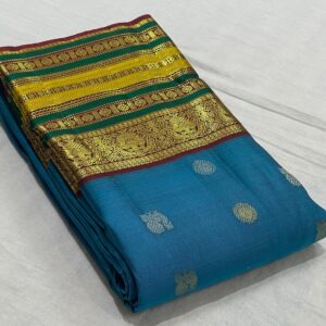 Light Blue Kanjivaram Silk Saree With Maroon And Multicolor Border