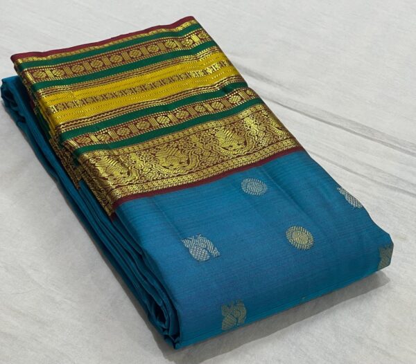 Light Blue Kanjivaram Silk Saree With Maroon And Multicolor Border