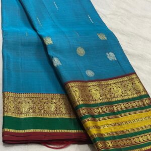 Light Blue Kanjivaram Silk Saree With Maroon And Multicolor Border