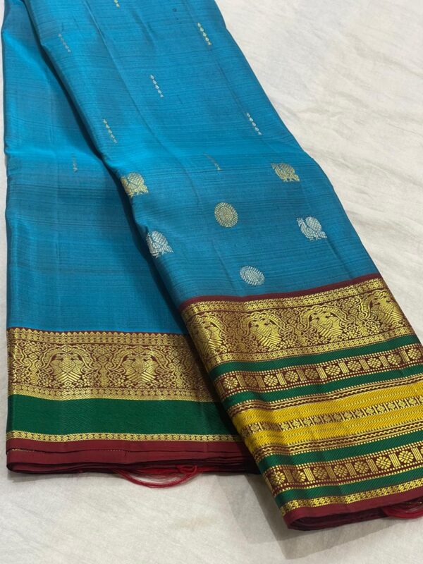 Light Blue Kanjivaram Silk Saree With Maroon And Multicolor Border