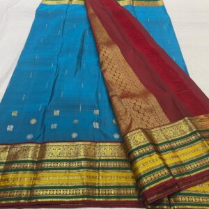 Light Blue Kanjivaram Silk Saree With Maroon And Multicolor Border