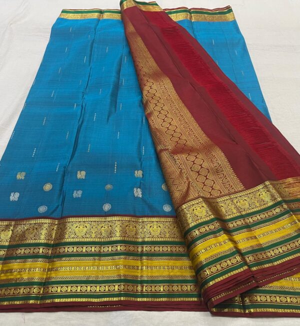 Light Blue Kanjivaram Silk Saree With Maroon And Multicolor Border