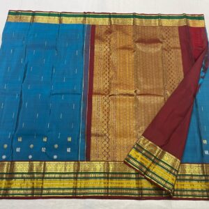 Light Blue Kanjivaram Silk Saree With Maroon And Multicolor Border