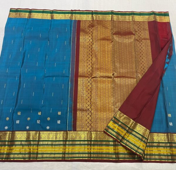 Light Blue Kanjivaram Silk Saree With Maroon And Multicolor Border