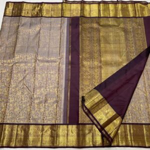 pure handloom kanjivaram silk saree in gray and coffee brown color combination