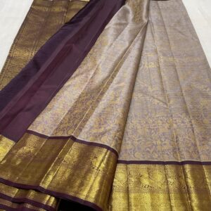 pure handloom kanjivaram silk saree in gray and coffee brown color combination