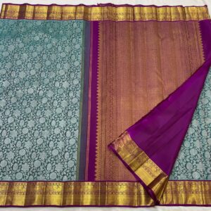 Sea Blue Kanjivaram Saree In Floral Brocade Design