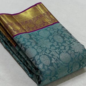 Sea Blue Kanjivaram Saree In Floral Brocade Design