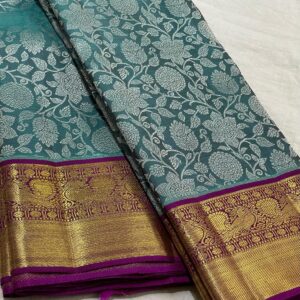 Sea Blue Kanjivaram Saree In Floral Brocade Design