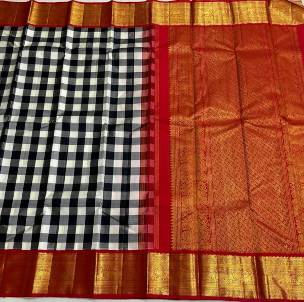 white and black checks Kanchipuram silk saree