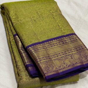 Olive Green Kanjivaram Pure silk Saree with Blue Border