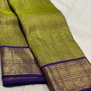 Olive Green Kanjivaram Pure silk Saree with Blue Border