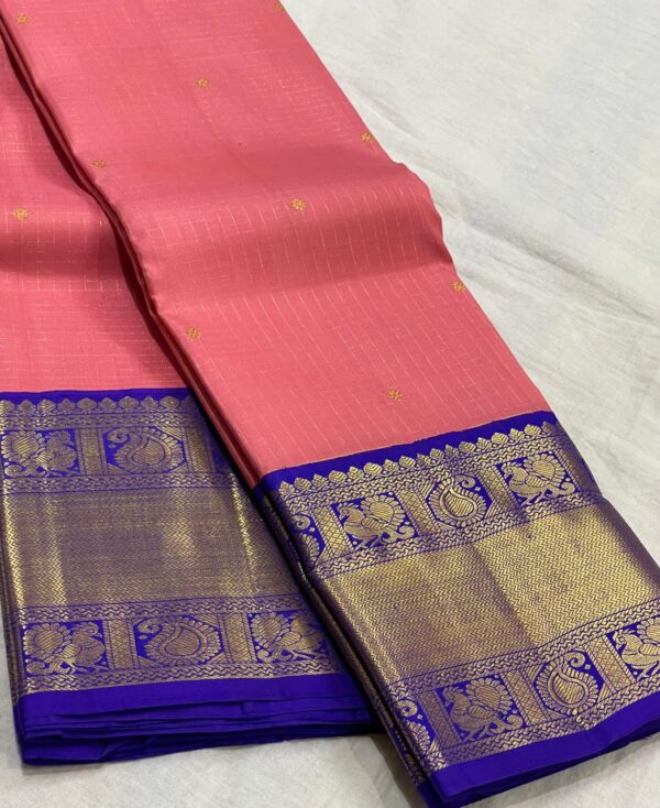 Coral Pink Kanjivaram Saree With Royal Blue In Korvai Weaving