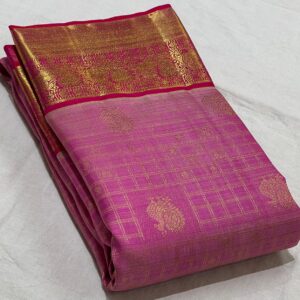 Baby Pink Kanchipuram Silk Saree In Traditional Checks With Peacock Design