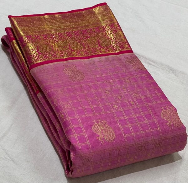 Baby Pink Kanchipuram Silk Saree In Traditional Checks With Peacock Design