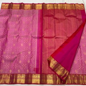 Baby Pink Kanchipuram Silk Saree In Traditional Checks With Peacock Design