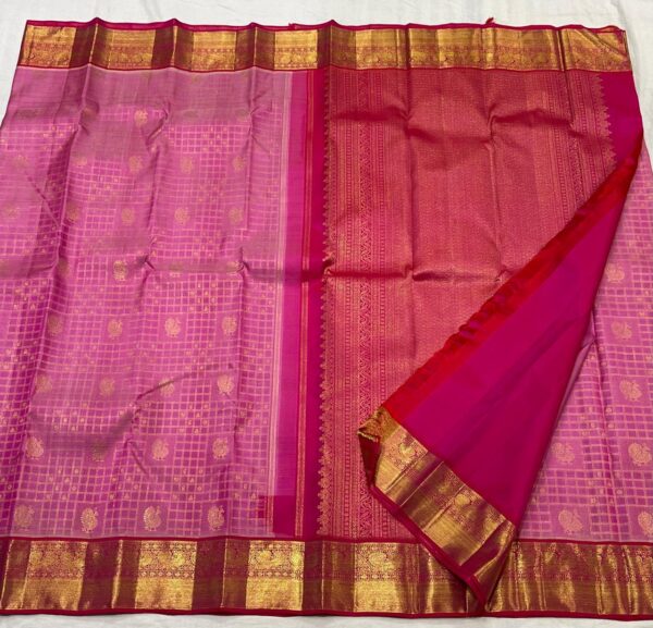 Baby Pink Kanchipuram Silk Saree In Traditional Checks With Peacock Design