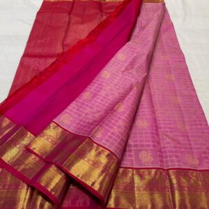 Baby Pink Kanchipuram Silk Saree In Traditional Checks With Peacock Design