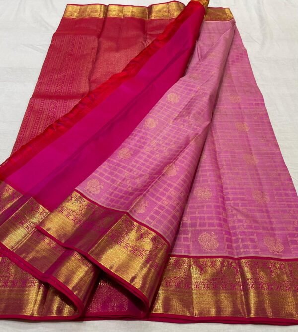 Baby Pink Kanchipuram Silk Saree In Traditional Checks With Peacock Design