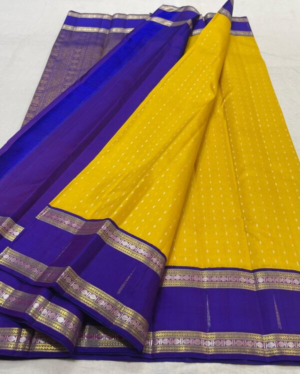 Mango Yellow Kanjivaram Silk Saree with Royal Blue In Retta Patta Border