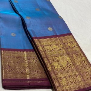 Pure Kanjivaram Saree In MS Blue With Maroon Red