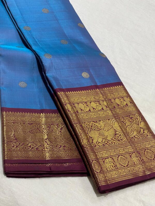 Pure Kanjivaram Saree In MS Blue With Maroon Red