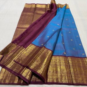 Pure Kanjivaram Saree In MS Blue With Maroon Red