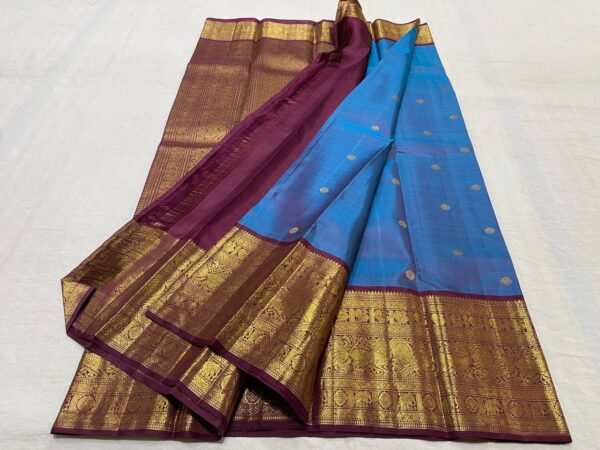 Pure Kanjivaram Saree In MS Blue With Maroon Red