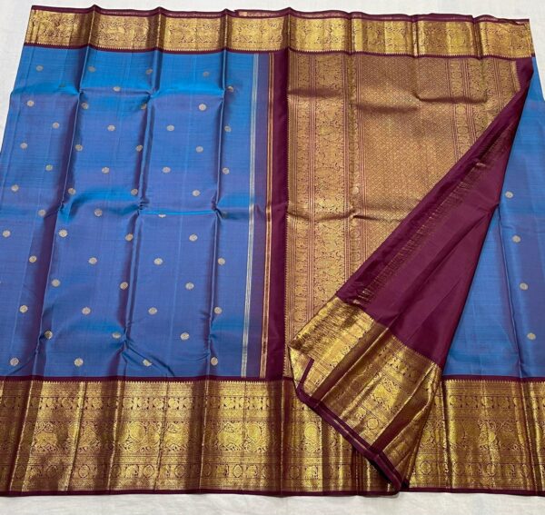 Pure Kanjivaram Saree In MS Blue With Maroon Red