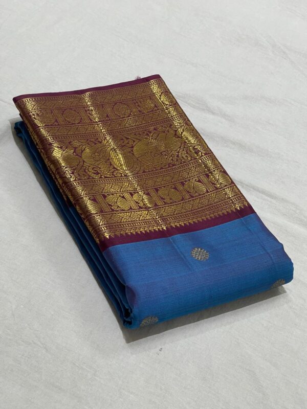 Pure Kanjivaram Saree In MS Blue With Maroon Red