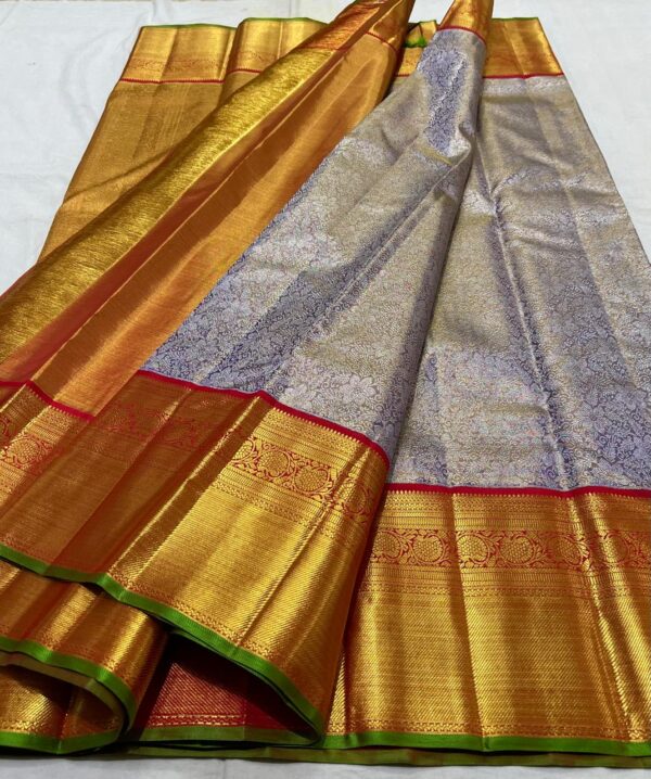 Handloom Kanjivaram Saree In Lavender With Red Border Silver Zari Brocade