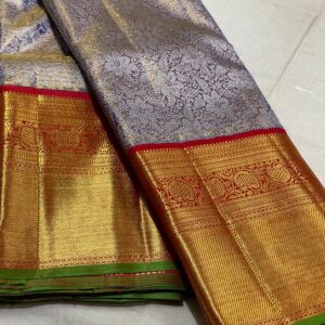 Handloom Kanjivaram Saree In Lavender With Red Border Silver Zari Brocade