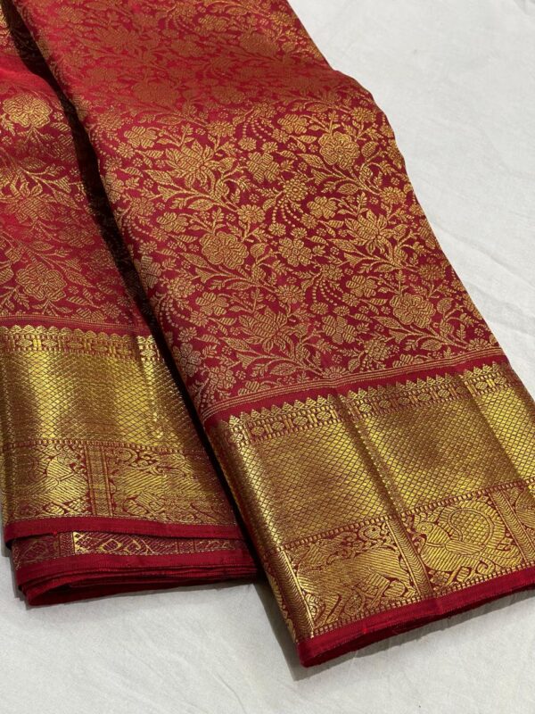 Red Kanchipuram Silk Saree For Bride In Small Border