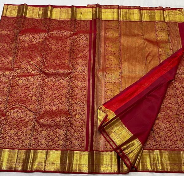 Red Kanchipuram Silk Saree For Bride In Small Border