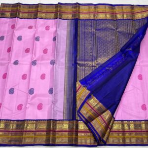 Pink Kanjivaram saree with Blue Contrast In Traditional Border