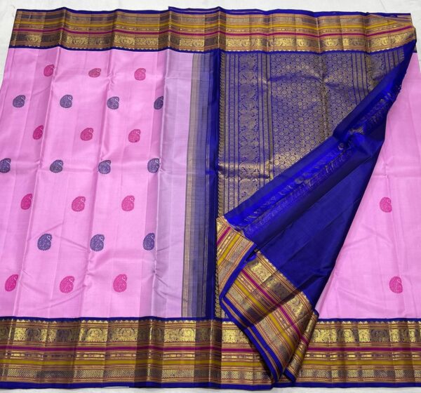 Pink Kanjivaram saree with Blue Contrast In Traditional Border