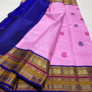 Pink Kanjivaram saree with Blue Contrast In Traditional Border