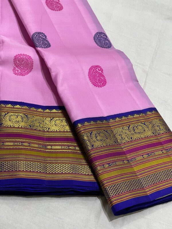 Pink Kanjivaram saree with Blue Contrast In Traditional Border