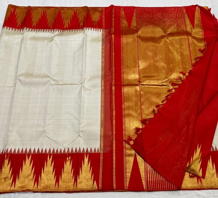 Kanjiwaram Dupion Silk Saree with Ethnic Temple Weaving Gold Zari Broad Border