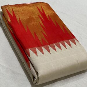 White Kanjivaram Silk Saree With Red Border Temple Design