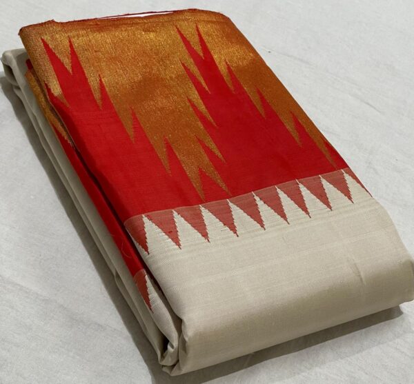 White Kanjivaram Silk Saree With Red Border Temple Design