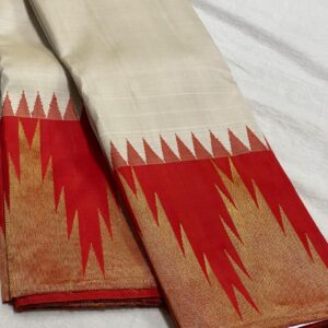 White Kanjivaram Silk Saree With Red Border Temple Design