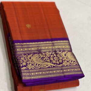 Dark Orange Kanjivaram Silk Saree With Purple Border