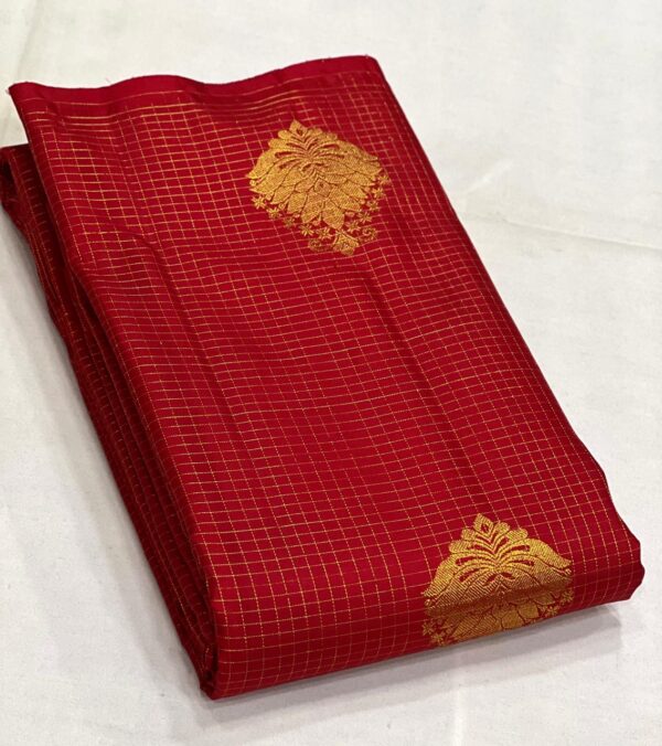 Red Borderless Kanchipuram Saree In checks With Butta