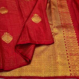 Red Borderless Kanchipuram Saree In checks With Butta