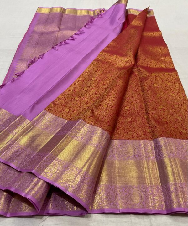 Orange Kanjivaram saree With Lavender Color Border