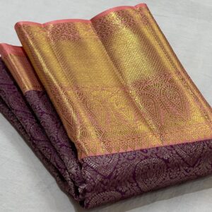 Original Kanjivaram Saree In Coffee Color With Pastel Pink