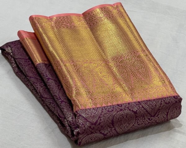 Original Kanjivaram Saree In Coffee Color With Pastel Pink