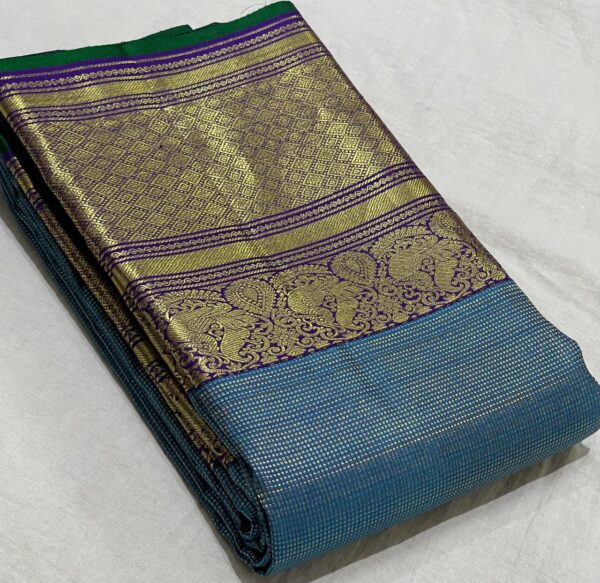 Kanjivaram Silk Saree in Peacock Blue with Purple Border