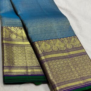 Kanjivaram Silk Saree in Peacock Blue with Purple Border